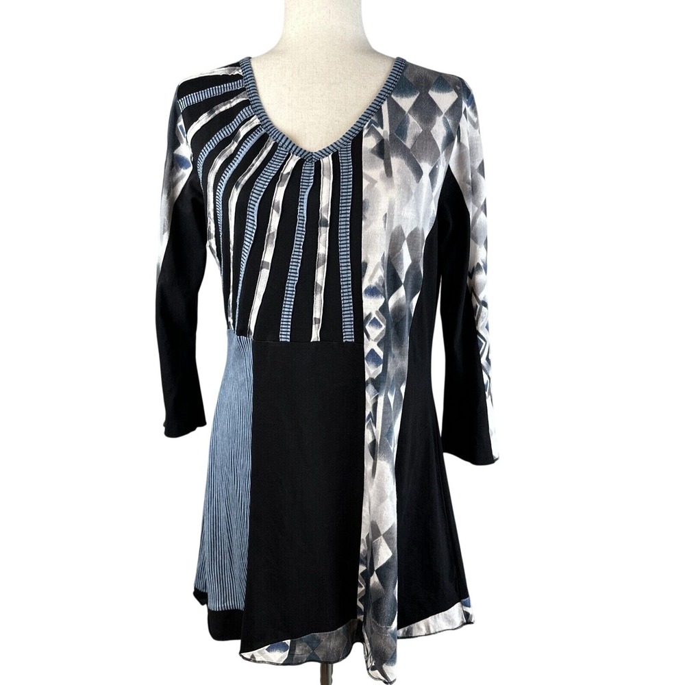 Parsley & Sage Womens Boho Patchwork Tunic Top Size‎ M Gray Blue Black Cotton